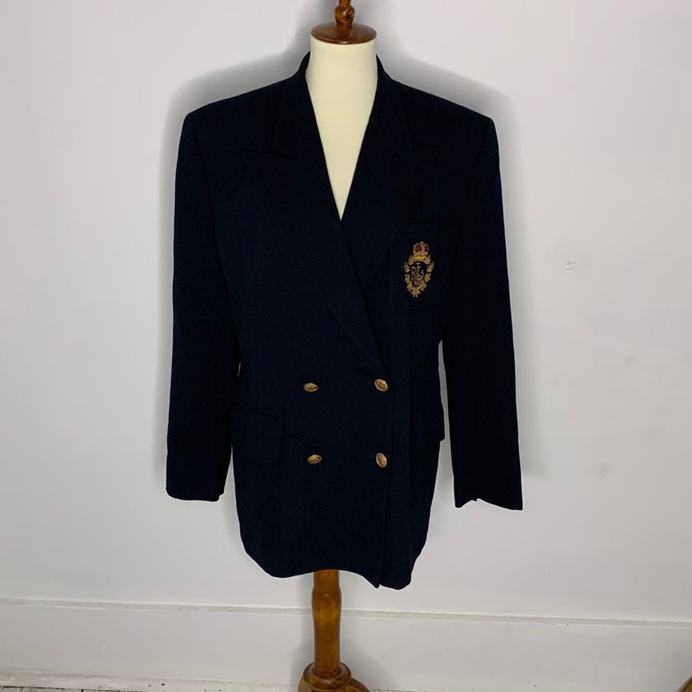 Vintage Black Double-Breasted Blazer with Gold Crest Buttons